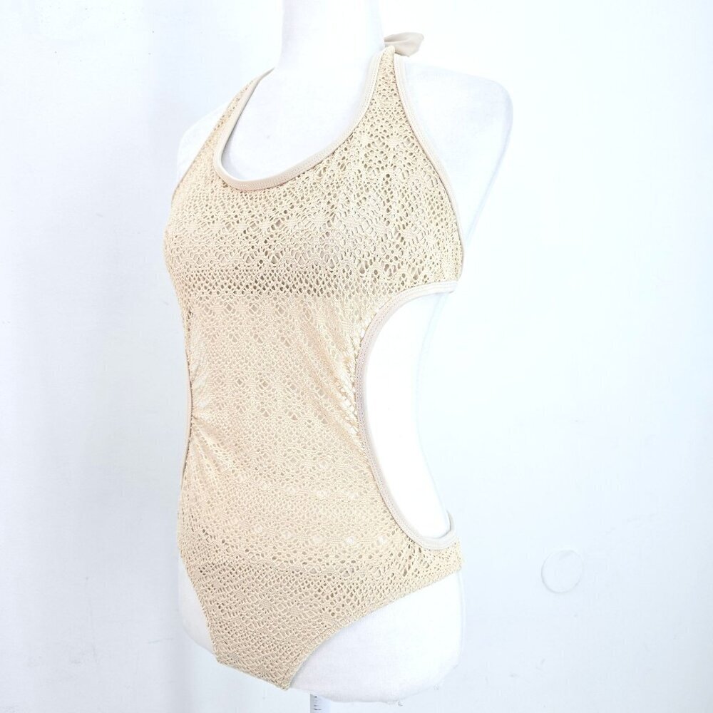 Women's Cream Fishnet Sexy Back Halter One Piece Bikini Swimsuit Size 6